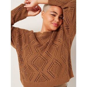 Old navy Pullover Sweater Women's Medium Brown Crochet Long‎ Sleeve Round Neck